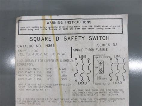 Square D H365 400a 600v Fusible Heavy Duty Safety Switch Disconnect 400 Amp D2 Dw5635 1 In