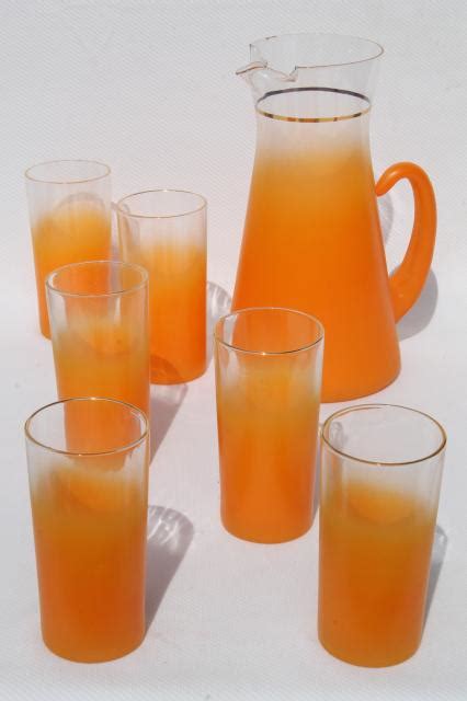 Blendo Orange Fade Frosted Glass Pitcher And Drinking Glasses Vintage Lemonade Or Cocktail Set