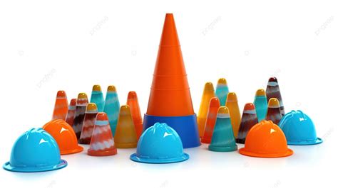 D Rendering Of Traffic Cones And Safety Helmet Isolated On White