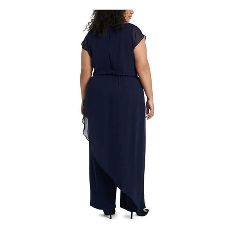 Msk Pants And Jumpsuits Msk Womens Navy Tie Asymmetrical Chiffon Overlay Wide Leg Jumpsuit