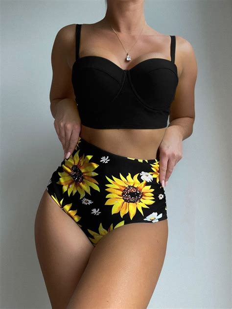 Conjunto De Bikini Con Estampado De Girasol Sujetador Push Up Con Aros