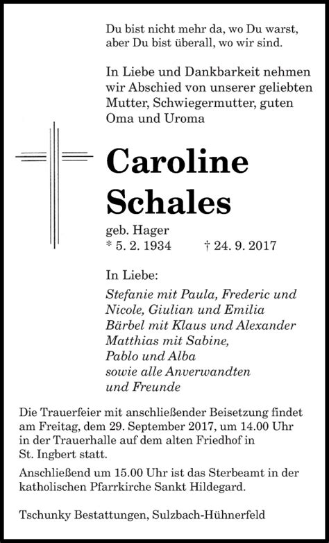 Traueranzeigen Von Caroline Schales Saarbruecker Zeitung Trauer De