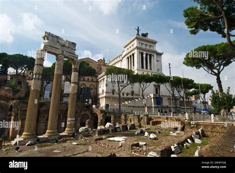 Corinthian Columns On Julius Caesars Forum With The Monument To