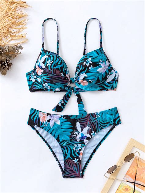 Tropical Print Knot Front Push Up Bikini Swimsuit Shein Usa