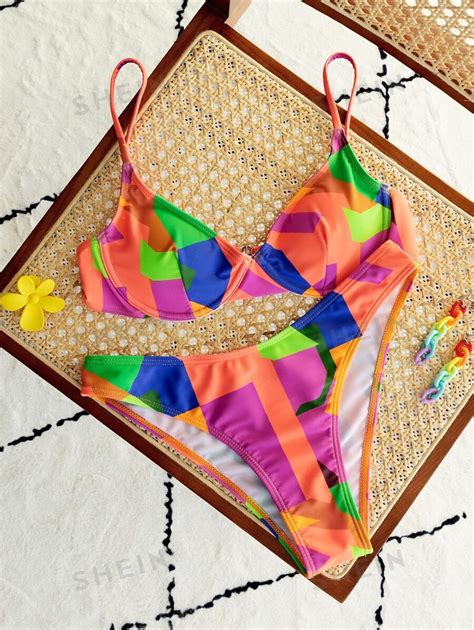 Shein Swim Summer Beach Colorful Geo Print Bikini Set Buckle Underwire