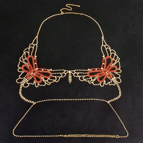 Sexy Red Butterfly Rhinestone Decor Beach Bikini Top And Bottom Set With Body Chain Shein Usa