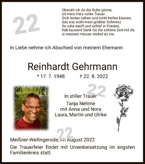 Traueranzeigen Von Reinhardt Gehrmann Trauer Werra Rundschau De