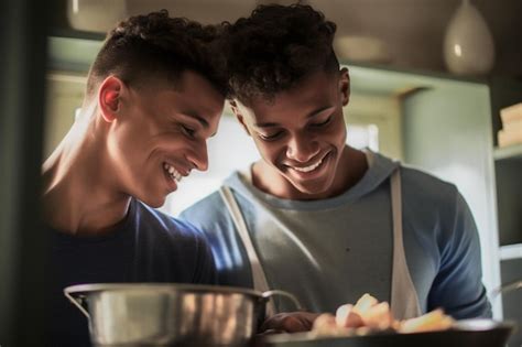 Feliz Y Sexy Pareja Gay Joven Cocinando Comida Juntos En Casa Foto Premium