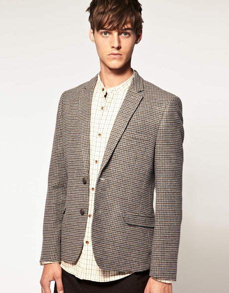 Asos Asos Slim Fit Tweed Check Blazer In Brown For Men Lyst