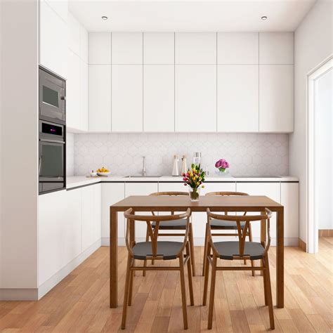 White L-Shaped Kitchen Design With Tall Appliances Unit | Livspace