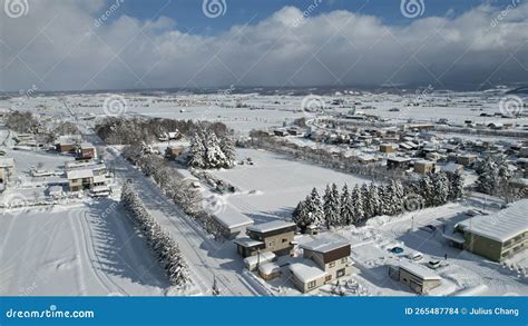 furano  biei  winter season stock photo image  drone