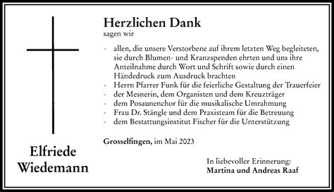 Traueranzeigen Von Elfriede Wiedemann Augsburger Allgemeine Zeitung