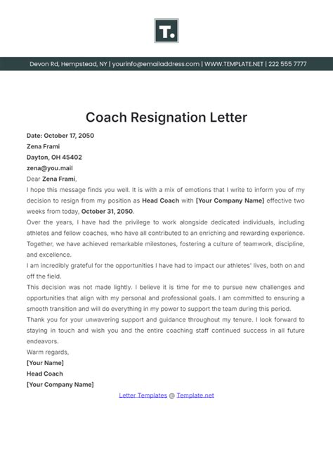 Free Coach Resignation Letter Template Edit Online And Download