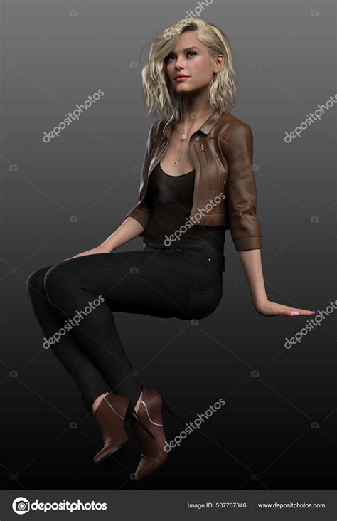 Pretty Blonde Woman Brown Leather Jacket Jeans Sitting Pose Stock Photo By Ravven 507767346