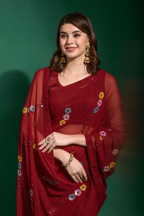 Sequins Embroidered Georgette Saree In Maroon Ucchal Fashion