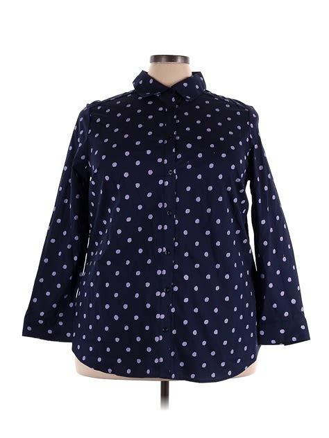 Roamans Polka Dots Navy Blue Long Sleeve Button Down Shirt Size 22