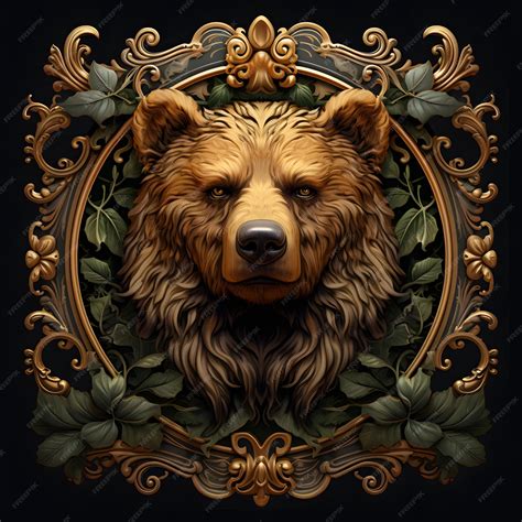 Premium Ai Image Grizzly Bear In An Ornate Frame With Leaves In The