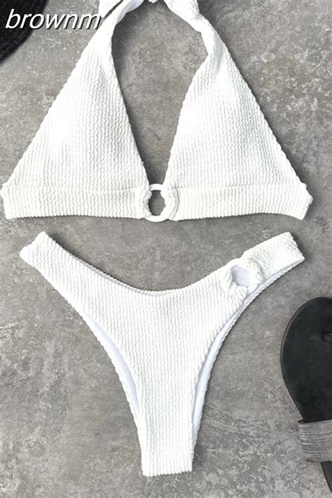 Brownm Sexy Halter Swimwear Women Bandage Bikini Set 2023 Summer Solid Brazilian Swimsuit Female