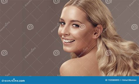 Close Up Beauty Portrait Of A Laughing Beautiful Half Naked Caucasian Woman With Long Blonde