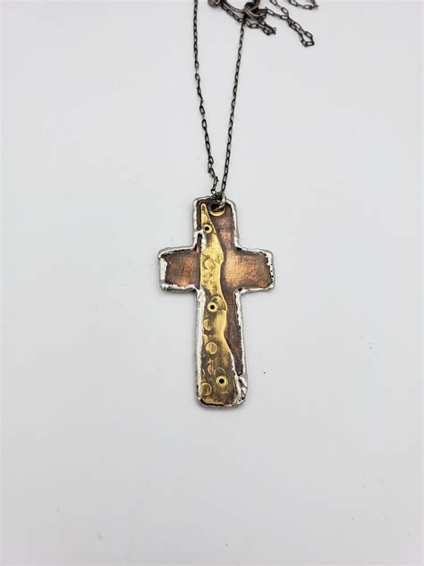 Large Cross Oxidized Copper Brass Cross Pendant Necklace Mixed Metal