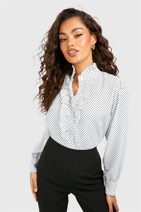 Womens Polka Dot Ruffle Neck And Front Blouse Boohoo Uk