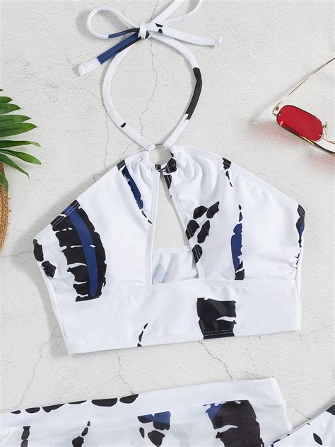 MakeMeChic Womens 3 Piece Swimsuits Halter Cutout Bikini Set Bathing Suit With Cover Up Skirt