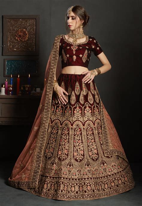 Maroon Velvet Bridal Lehenga Choli 1904