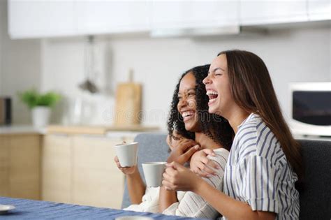 Happy Interracial Lesbian Couple Laughing In The Kitchen Stock Image