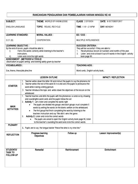 Rancangan Pengajaran Harian Bahasa Inggeris Pdf English Language Word