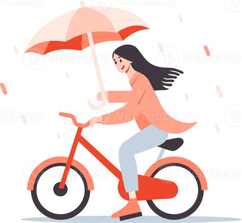 Hand Drawn Beautiful Woman Riding A Bicycle And Holding An Umbrella In