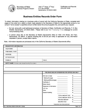 Fillable Online Business Entities Records Order Form