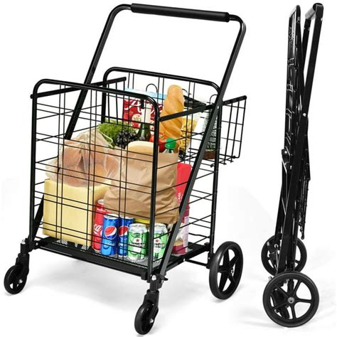 Gymax Heavy Duty Folding Shopping Cart Utility Jumbo Double Basket 330lbs - Walmart.com ...