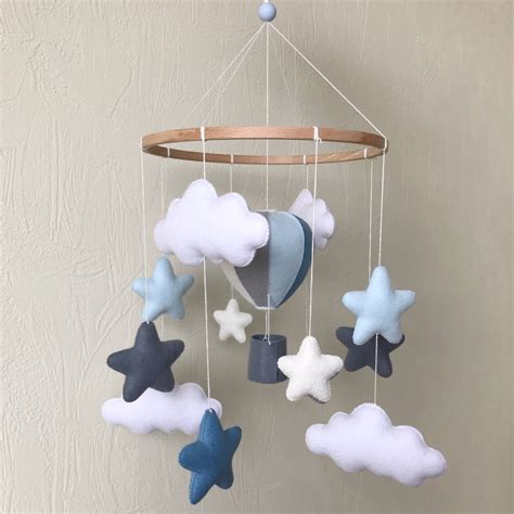 Hot Air Balloon Mobile Baby Boy Crib Blue Gray Nursery Stars Clouds