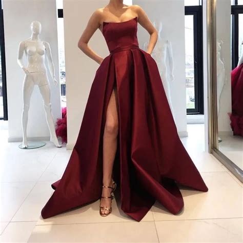 Hot Sale Burgundy Long Prom Dresses 2018 High Slit Off Shoulder Formal