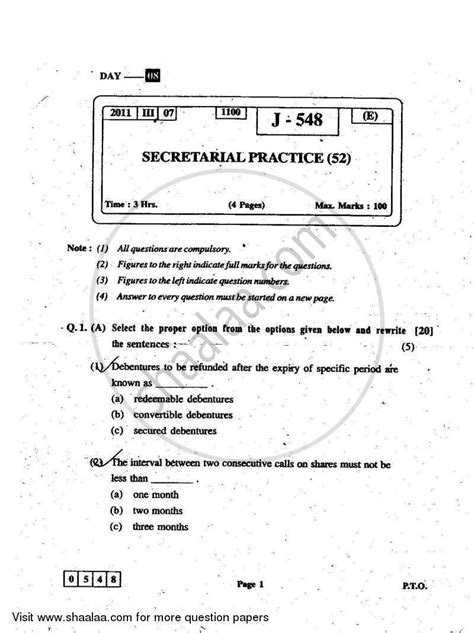 Secretarial Practice 2010 2011 HSC Commerce 12th Board Exam Question