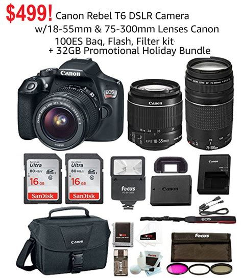 Canon EOS Rebel T6 Digital DSLR Camera Promotional Holiday Bundle, $499 ...