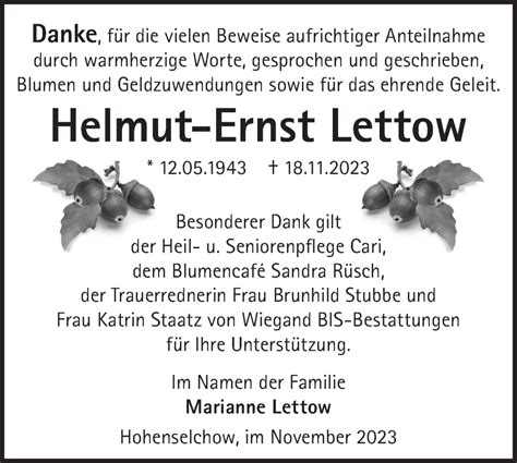 Traueranzeigen von Helmut Ernst Lettow Märkische Onlinezeitung