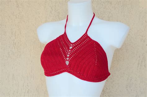 Bikini Top Crochet Bohemian Outfits Sexy Strawberry Color Topcrop Etsy