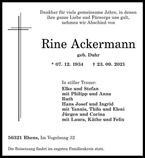 Traueranzeigen Von Rine Ackermann Rz Trauer De