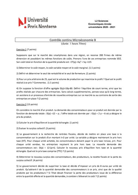 Sujet 1 CC Micro B Année u Contrôle continu Microéconomie B L2