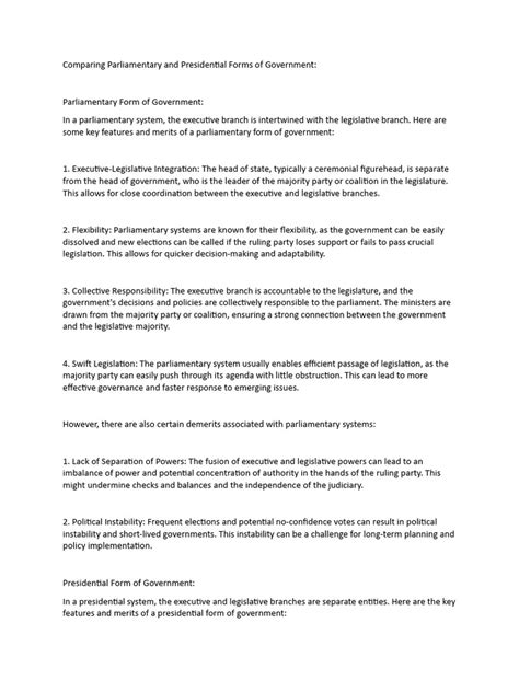 Comparing Parliamentary and Presidential Forms of Government | PDF