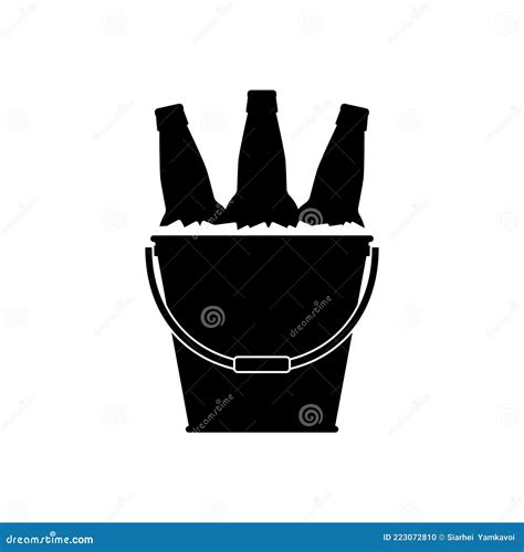 Beer Bottles In A Metal Bucket With Ice Cubes Black Silhouette On