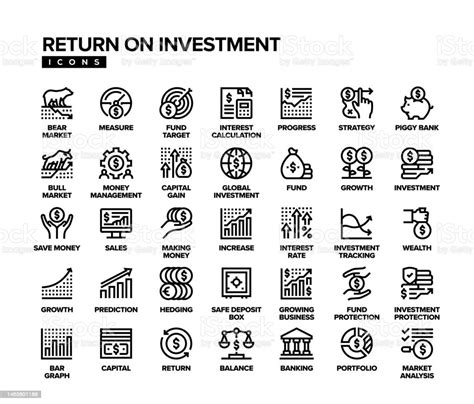 투자 라인 아이콘 세트 수익률 개선에 대한 스톡 벡터 아트 및 기타 이미지 개선 개체 그룹 계산기 Istock