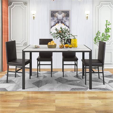 Paproos Dining Table Set Pc Faux Marble Top Leather Chairs Black