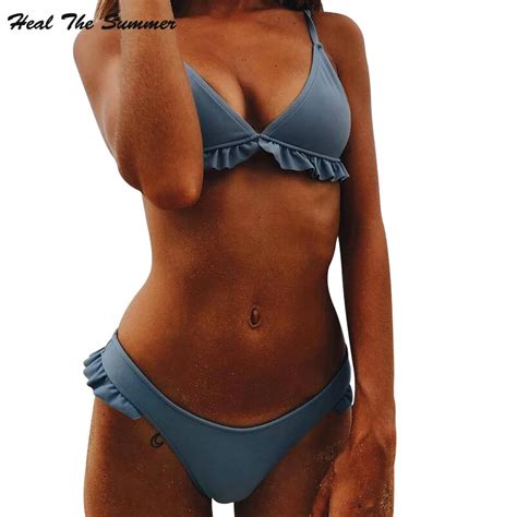 Heal The Summer 2017 New Women Bikini Swimwear Set Swimsuit Solid Color