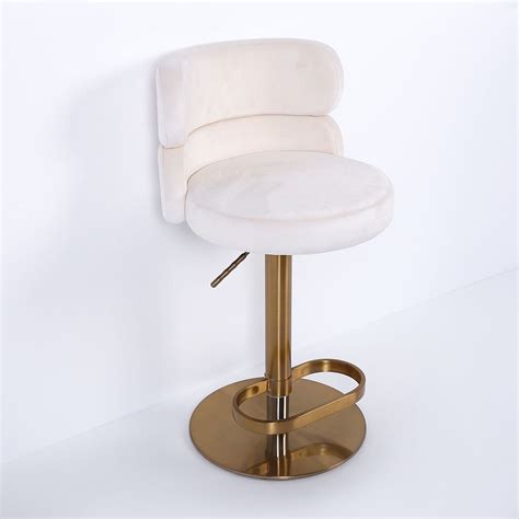 Swivel Bar Stool With Backrest Adjustable Height Beige Velvet