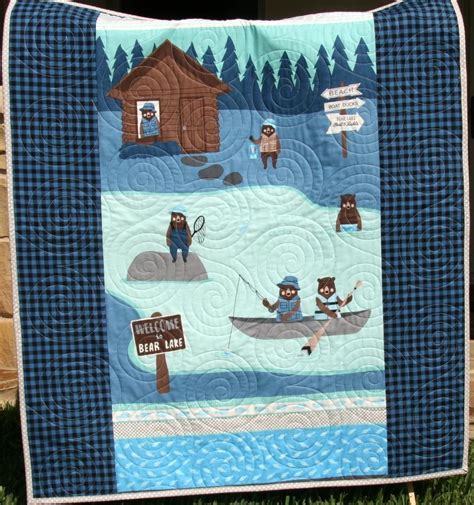 Fishing Quilt Baby Boy Bedding Woodland Lodge Lake Forest Bears Fish