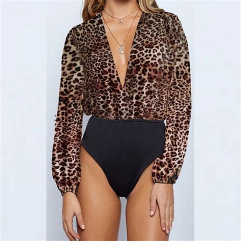 Leopard Bodysuit Women Deep V Neck Ladies Long Sleeve Stretch Leotard