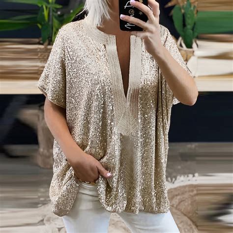 Nsendm Women Loose Sequin V Neck Short Sleeved Casual Shirt Short Sleeved Blouse Going Out Tops