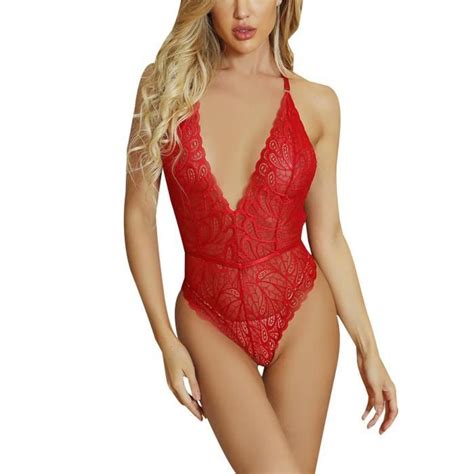 Jurebecia Body Lingerie Dentelle Femme Col V Sling S Duisant Amincissant Sexy Dos Nu Transparent